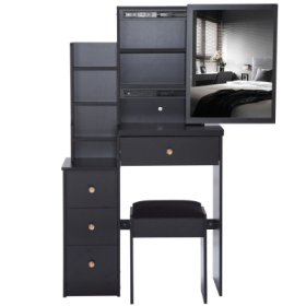29.2 Small Space Left Bedside Cabinet Vanity Table   Cushioned Stool, Extra Large Right Sliding Mirror  Multi Layer High Capacity Storage, Practical F