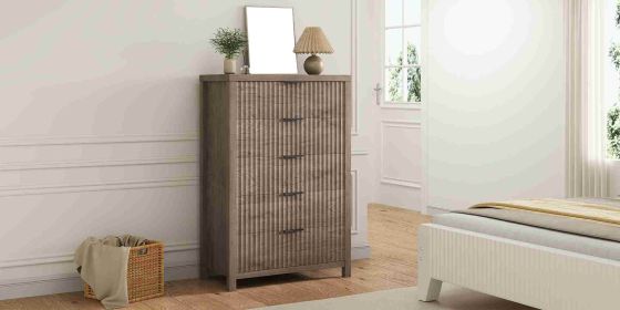 5 Drawer Chest Embossed Stripe Retro Gradient Color Wooden Drawer Cabinet for Home