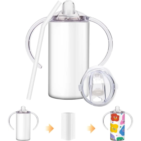 Sublimation Sippy Cup Blank With Handle, 12oz Stainless Steel Sippy Cups, Kids Cups With Straws And Lids Spill Proof Double Wall Vacuum Cups For Child