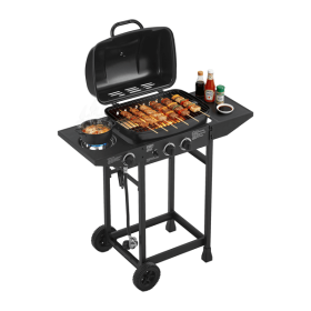 2 Burner BBQ Propane Gas Grill with Side Burner 24000 BTU Output Stainless Steel Barbecue Grill with Enameled Grates and Side Tables for Outdoor Cooki