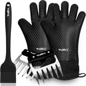 BBQ Gloves - 500°F Heat Resistant Grilling Gloves Set with Meat shredding Claws & Silicone Brush, Non-Slip Kitchen Silicone Oven Mitt, for Barbecue