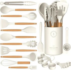 Silicone Cooking Utensils Set - Silicone Kitchen Utensils for Cooking Wooden Handles, 446°F Heat Resistant Kitchen Utensil Spatula Sets w Holder
