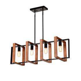 4-Light Kitchen Island Lights Pendant Light Farmhouse Dining Room Light Fixture, Rustic Wood and Black Metal Rectangular Chandelier