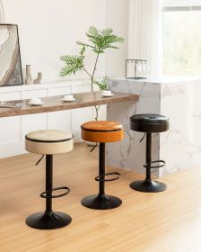 Round Storage Bar Stool Set of 2, Khaki Faux Leather Height Adjustable Barstool, 360Â°Counter Height Swivel Stool