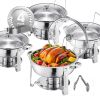 Chafing Dish Buffet Set, 5 Qt 4 Pack, Stainless Steel Chafer with 4 Full Size Pan, Round Catering Warmer Server with Glass Lid Water Pan Folding