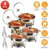 4 Pack Round Chafing Dish Buffet Set,Stainless Steel 4.76QT Round Buffet Servers and Warmers, Thick Stand Frame Catering Chafe with Mirror Covers