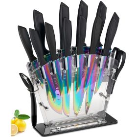 16 Pieces Rainbow Titanium Coating Cutlery Set No Rust Knife Block with Serrated Steak Knives