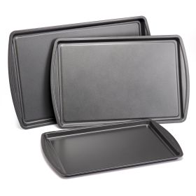 3pc Carbon Steel Nonstick Cookie Sheet Bakeware Set, 11" x 17", 10" x 15", 9" x 13", Gray