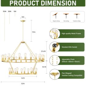 Gold Wagon Wheel Chandelier 2 Tier 36-Lights 53 Inch Extra Large Farmhouse Pendant Light Fixture