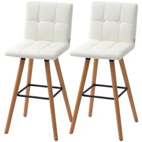 Modern Bar Stools Set of 2, 38" Upholstered Kitchen Island Stool with Solid Wood Legs, White