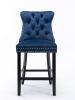Contemporary Velvet Upholstered Barstools with Button Tufted Decoration and Wooden Legs, and Chrome Nailhead Trim, Leisure Style Bar Chairs,Bar stools
