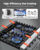Gas Range Oven, 30 Inches Width, Freestanding Stainless Steel Stove and Oven with 5 Sealed Cooktop Burners, Easy Reach Racks, Storage Drawer