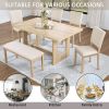 6 Piece Dining Table Set with Bench, Wooden Rectangular Kitchen Table Set with Bench and 4 Upholstered Chairs for Living Room, Kitchen, Dining Room