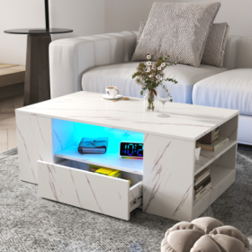 Modern Coffee Tables For Living Room, LED Coffee Table, Storage Coffee Table, Small Coffee Table, Wood Center Table With 2 Drawers And Open Side Shelf (Color: White)