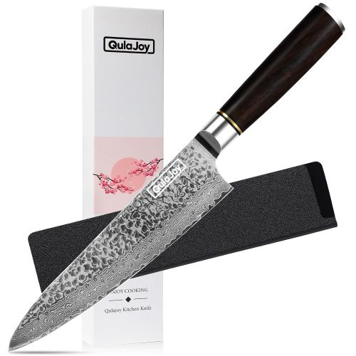 Qulajoy 7 Inch Santoku Knife- Ultra Sharp Japanese 67 Layers Damascus VG-10 Steel Core - Professional Hammered Chef Knife - Ergonomic G10 Handle With