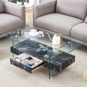43.3 Inch Modern Two-Tier Coffee Table - Clear Tempered Glass And Black Marble Texture, Multifunctional Storage Design.The Bottom Tier Includes A Draw (Color: Black)