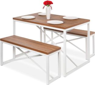 Modern 3-Piece Dining Set (Option: Wood Top White Metal Frame Table and 2 Bench Chairs)