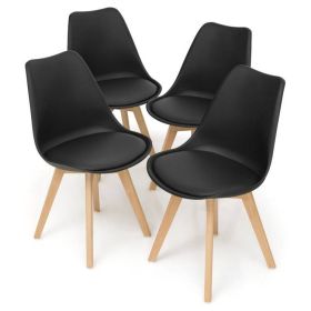 Set of 4 Modern Mid-Century Style (Color: Black PU Leather Dining Chairs with Wood Legs)