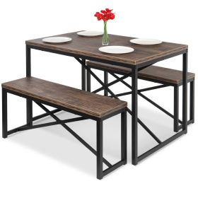 Modern 3-Piece Dining Set (Option: with Wood Top Metal Frame Table and 2 Bench Chairs)