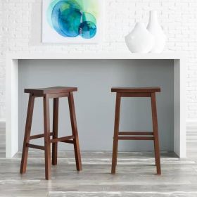 Set of 2 Farmhouse Bar Height Saddle Seat Barstools (Style: in Brown Walnut Wood Finish)
