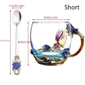 1pc Rose Enamel Crystal Tea Cup; Coffee Mug; Tumbler Butterfly Rose Painted Flower Water Cups; Clear Glass With Spoon Set (size: Short, Color: Blue)