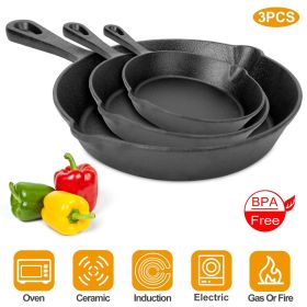 pot3Pcs Pre-Seasoned Cast Iron Skillet Set 6/8/10in Non-Stick Oven Safe Cookware Heat-Resistant Frying Pan (Color: Black)