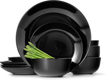 Dinnerware Sets, Fine Porcelain Dinnerware Sets, Plates and Bowls Sets, Dishes, 12-Piece Service for 4, Black (Color: Black)
