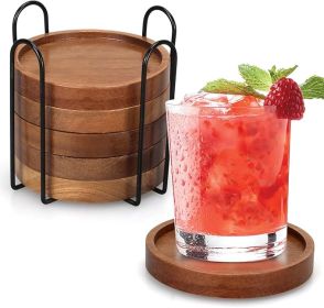 6 Pcs Best Wooden Coasters Holder Coffee Table Decor Acacia (Color: Acacia Wood)