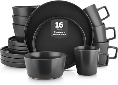 Stone Lain Celina Stoneware 16 Piece Dinnerware Set Plates and Bowls (Color: Black)