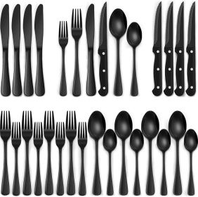 24-Piece Black Silverware Set (Color: with Steak Knives, Flatware for 4,)