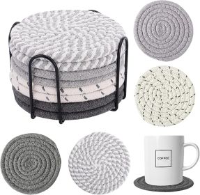 Handmade Woven Drink Coasters with Holder, 8 Pcs BOHO Absorbent Coasters for Home Decor, Cotton (Color: Grey/White)