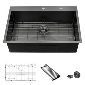 Lordear 16 Gauge Kitchen Sink Drop-in Topmount Single Bowl Gunmetal Black Stainless Steel Sink (size: 33, Color: Gunmetal Black)