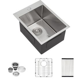 Lordear 16 Gauge Kitchen Sink Drop-in Topmount Single Bowl Gunmetal Black Stainless Steel Sink (size: 15, Color: Stainless Steel)