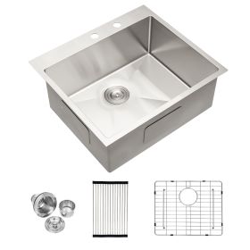 Lordear 16 Gauge Kitchen Sink Drop-in Topmount Single Bowl Gunmetal Black Stainless Steel Sink (size: 25, Color: Stainless Steel)