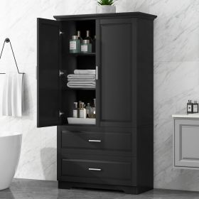 Tall Bathroom Storage Cabinet, Cabinet with Two Doors and Drawers, Adjustable Shelf, MDF Board (material: MDF, Color: Black)