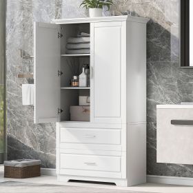 Tall Bathroom Storage Cabinet, Cabinet with Two Doors and Drawers, Adjustable Shelf, MDF Board (material: MDF, Color: White)