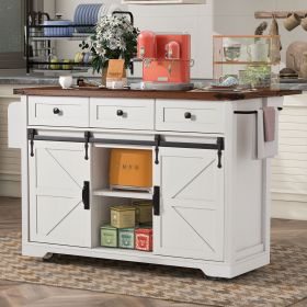 53.7" Farmhouse Kitchen Island with Power Outlet, 2 Sliding Barn Door Kitchen Storage Island with Drop Leaf, Spice Rack Rolling Kitchen Cart on Wheels (material: Particle Board+MDF, Color: White)