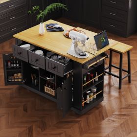 53 inch Large Kitchen Island with Drop Leaf,Power Outlet,Door Internal Storage Rack (material: MDF, Color: Black)