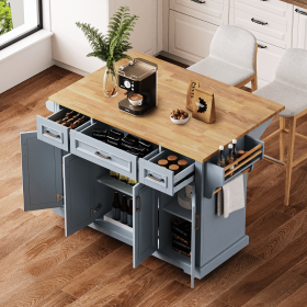 54 inch Large Kitchen Island with Rubber Wood Drop Leaf, Embossed Texture Rolling Kitchen Cart on 4 Wheels with 4 Doors and 3 Drawers (material: MDF,Rubber Wood, Color: Grey+Blue)
