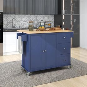 Rolling Mobile Kitchen Island with Drop Leaf (Style: Solid Wood Top, Locking Wheels & Storage Cabinet 52.7 Inch Width(Dark blue))