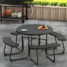 8-Person Outdoor Picnic Table and Bench Set with Umbrella Hole (Color: Black)