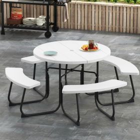 8-Person Outdoor Picnic Table and Bench Set with Umbrella Hole (Color: White)