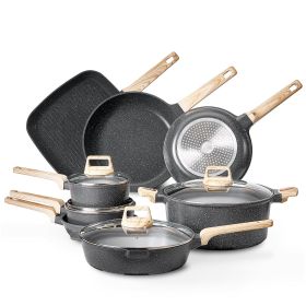19 Piece Pots and Pans Set (Color: Granite Nonstick Kitchen Cookware Induction Black)