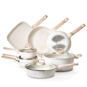 19 Piece Pots and Pans Set (Color: Granite Nonstick Kitchen Cookware Induction White)