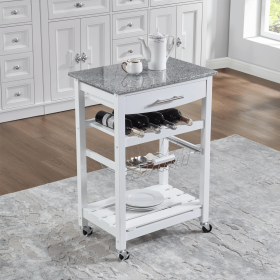 Mobile Rolling Kitchen Island Trolley Serving Cart with Underneath Drawer & Slide-Out Wire Storage Basket (Main Color: White, Main Material: Marble+Metal)