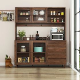 63" W Large Kitchen Hutch Cabinet, Freestanding Pantry Cabinets Storage Kitchen Cupboard with 4 Doors, 4 Drawers & Microwave Shelf, Walnut (Color: as picture)