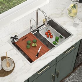 33in. *22in.*10in. Drop In 304 Stainless Steel Workstation Kitchen Sink With Dual Built-in Ledge (size: 33in. *22in.*10in., Color: Brushed Nickel)