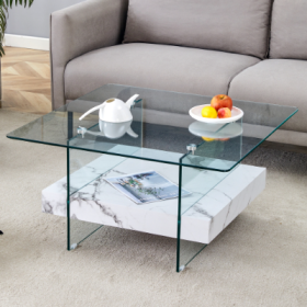 31.4 Inch Modern Two Tier Square Coffee Table - An Elegant Combination Of Clear Glass And Black Marble Pattern Sticker.It Can Be Used As A Coffee Tabl (Color: White)